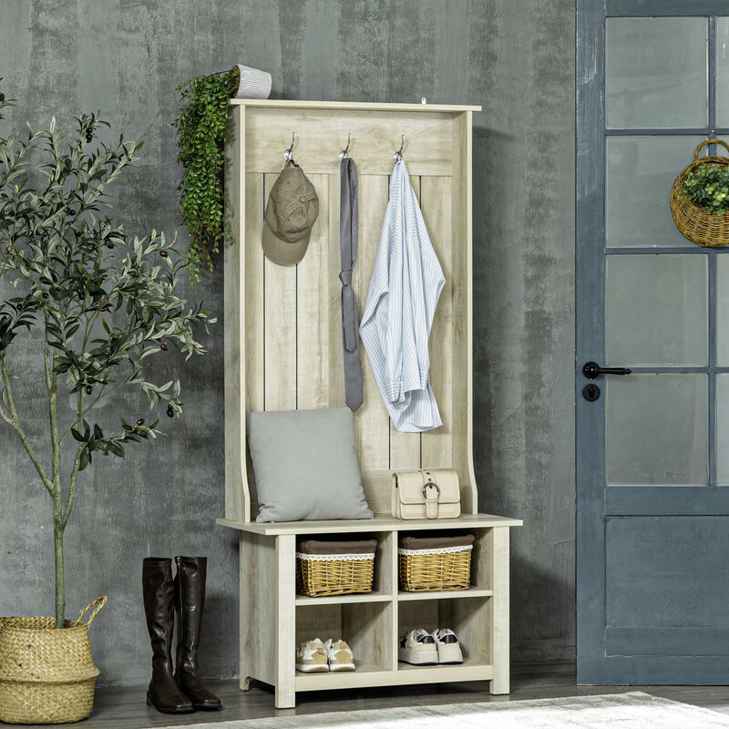 White Entryway Organizer: Hall Tree with Shoe Bench & Coat Rack