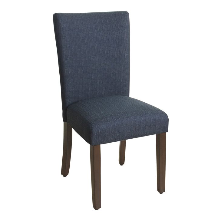 Fabric Upholstered Wooden Parson Dining Chair with Splayed Back, Navy Blue and Brown - Benzara