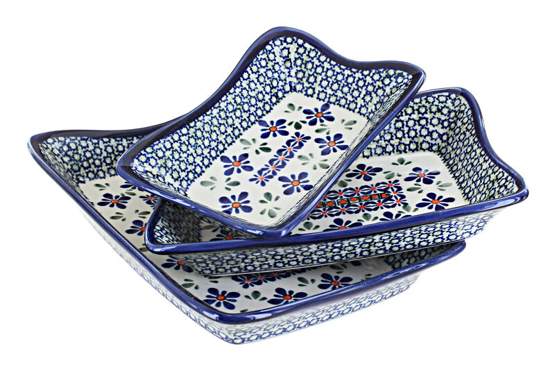 Blue Rose Polish Pottery Mosaic Flower 3 Piece Rectangular Serving Dish Set