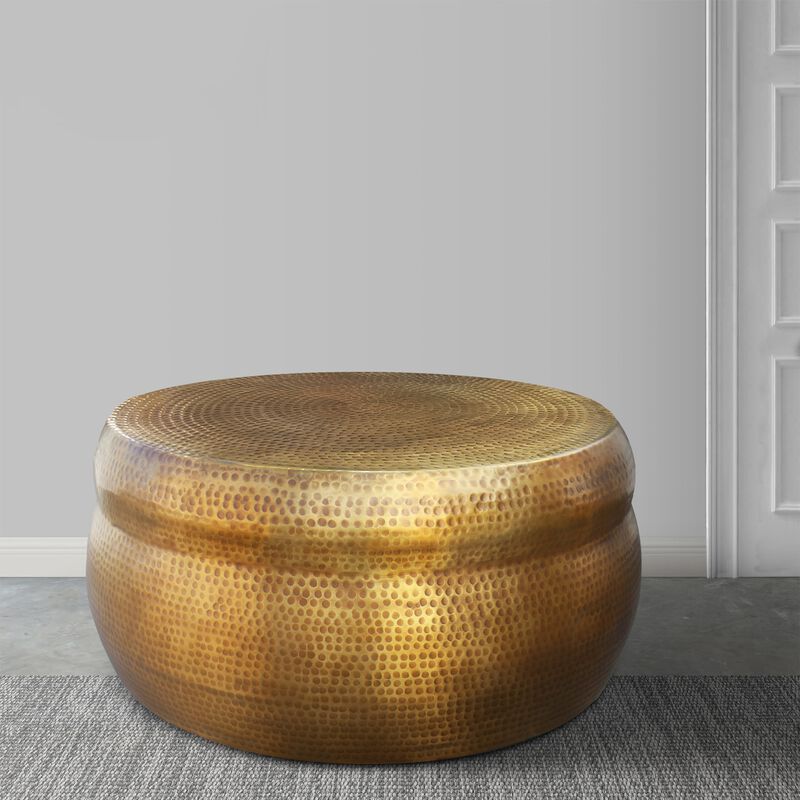 32 Inch Artisanal Round Drum Coffee Table, Hammered Embossed Texturing, Aluminum, Antique Brass-Benzara