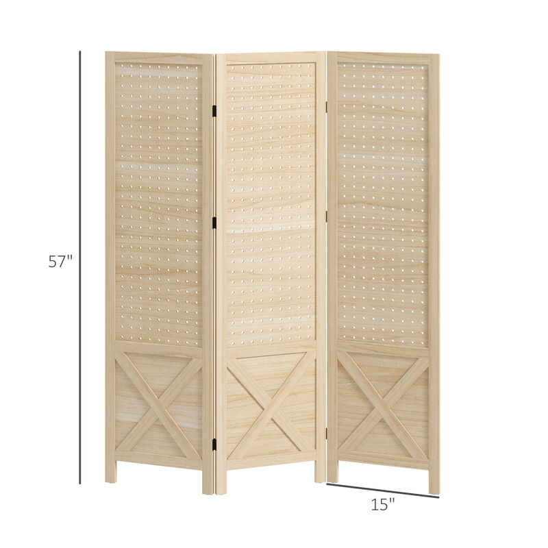 3 Panel Pegboard Display Room Divider, 4.7' Tall Wood Privacy Screen, Natural