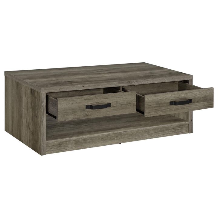 Lix 47 Inch Coffee Table with 1 Drawer, MDF, Rustic Weathered Gray Finish