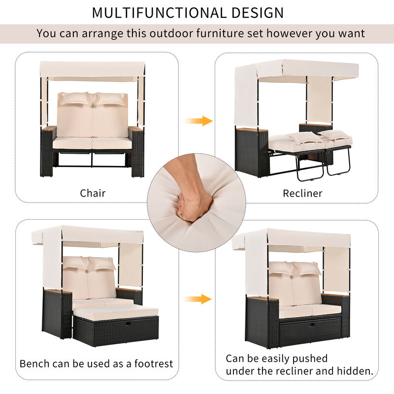 Merax Rattan Outdoor Patio Bench Lounge Roof Set Daybed Sunbed