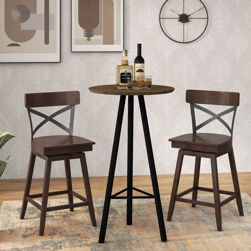 Set of 2 Wooden Swivel Bar Stools with Open X Back and Footrest-24 inches