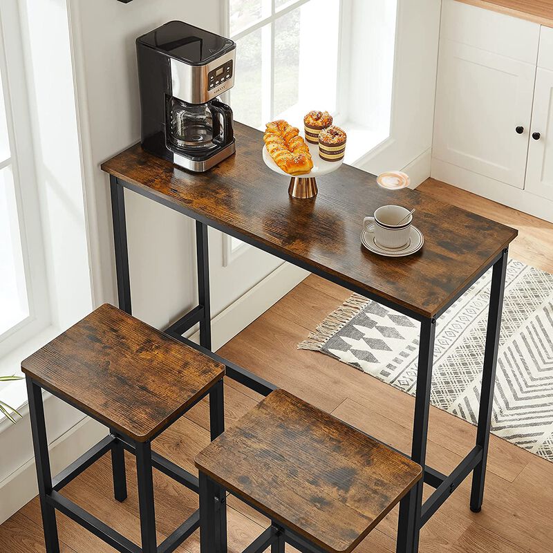 BreeBe Industrial Brown Bar Table with 2 Stools