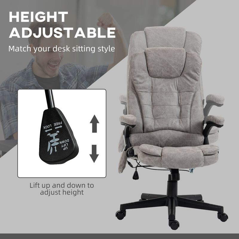 High-Back Linen Office Chair with 6-Point Vibrating Heated Massage, Reclining Backrest, Padded Armrests, and Remote, in Gray