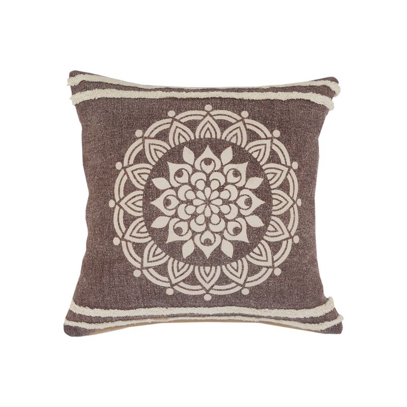 26" Brown and White Floral Medallion Square Throw Pillow