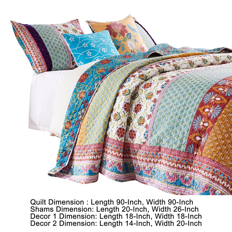 Sama 5 Piece Reversible Full Quilt Set, Floral Print Patterns, Multicolor - Benzara