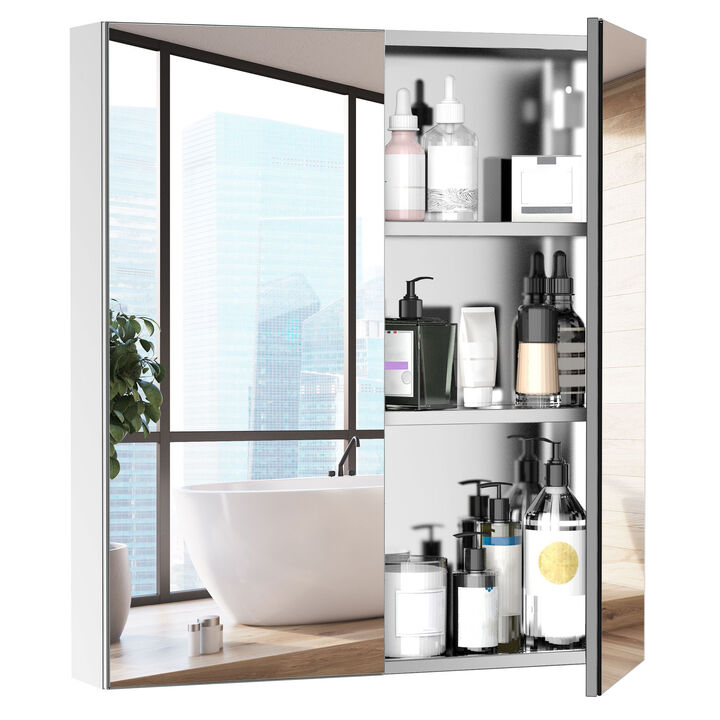 Wall-Mount Mirror Vanity Bathroom Stainless Steel w/Door Shelves, Silver 24"x26"