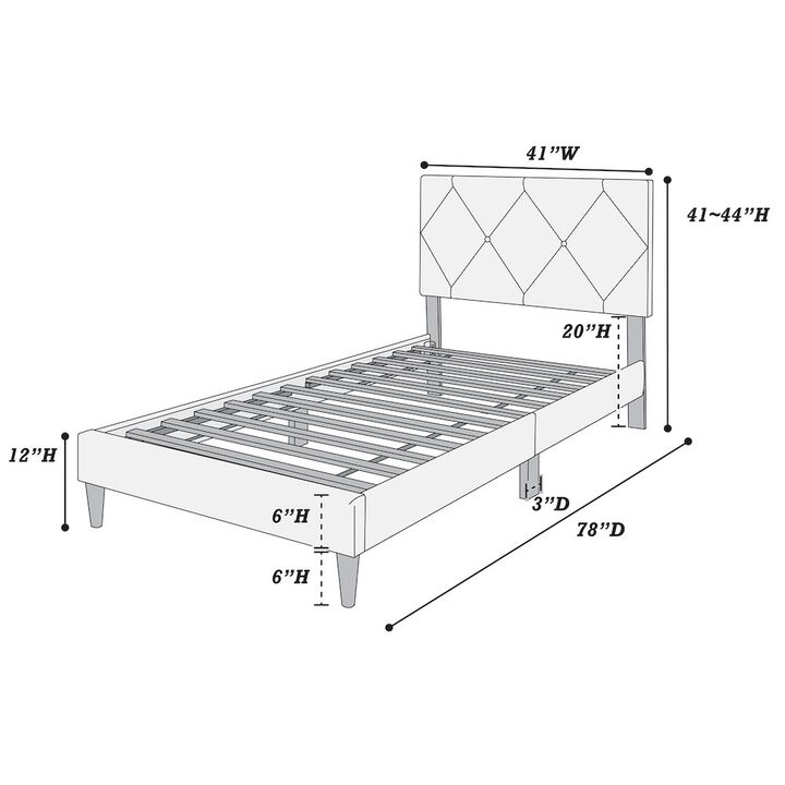 Poundex Adjustable Diamond Tufted Headboard Twin Bed Frame in Gray Velvet