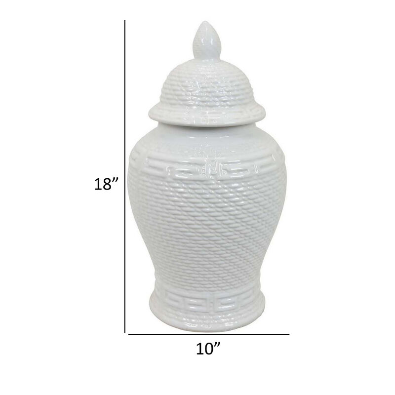 Bryan 18 Inch Ceramic Temple Jar, Geometric Print, Finial Top, White - Benzara