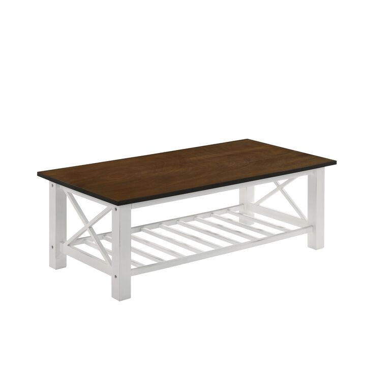 Viki 47 Inch Coffee Table, Crossbar, Slatted Open Shelf, White and Brown-Benzara