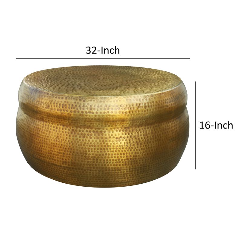 32 Inch Artisanal Round Drum Coffee Table, Hammered Embossed Texturing, Aluminum, Antique Brass-Benzara