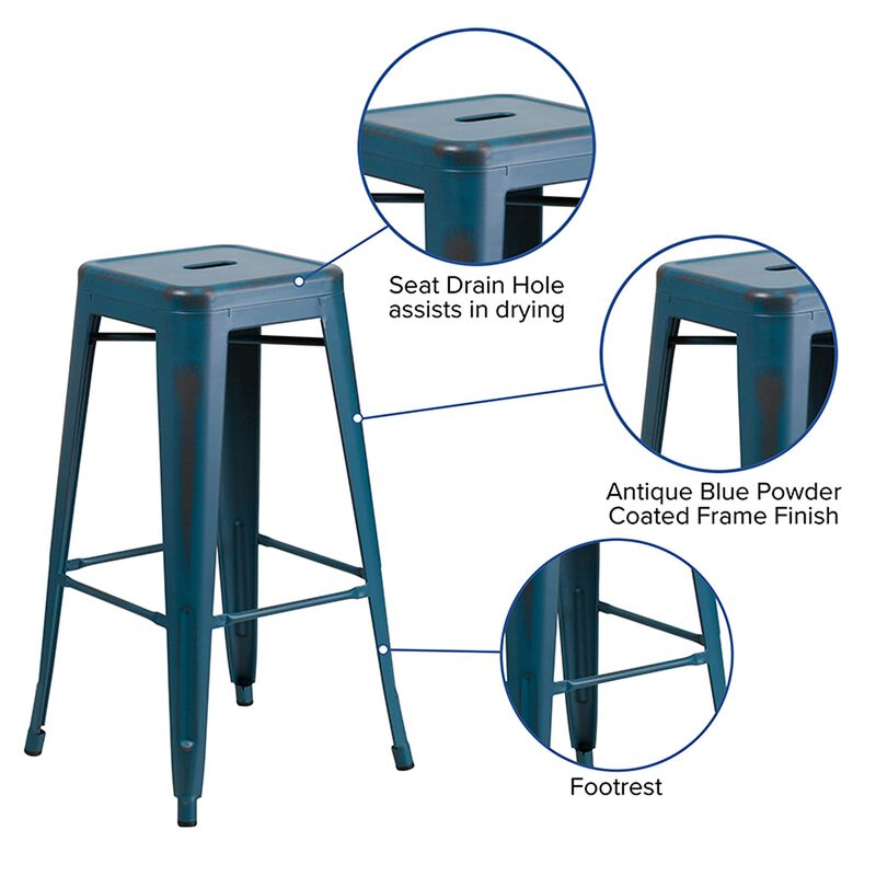 Flash Furniture Kai Commercial Grade 30" High Backless Distressed Antique Blue Metal Indoor-Outdoor Barstool