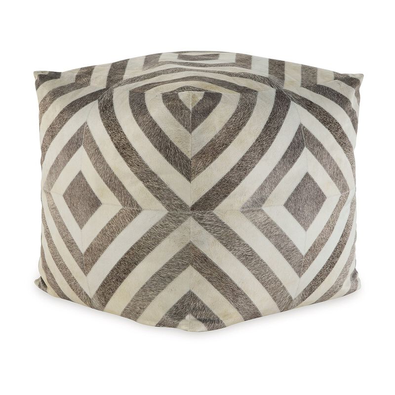 Ottoman Pouf, 18 Inch, Square, Brown and Ivory Polyester Geometric Design -