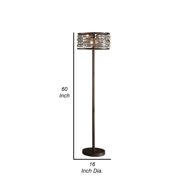 Benjara 60 Inch Floor Lamp with Crystal Drum Shade, Metal Base, Antique Bronze