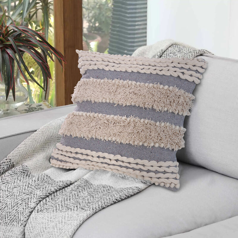 18 x 18 Handcrafted Shaggy Cotton Accent Throw Pillows, Woven Yarn, Set of 2, Beige, Gray