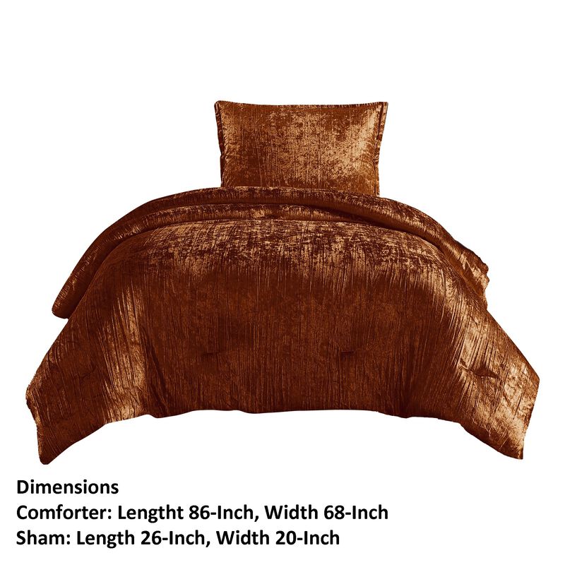 Jay 2 Piece Twin Comforter Set, Copper Polyester Velvet Deluxe Texture - Benzara