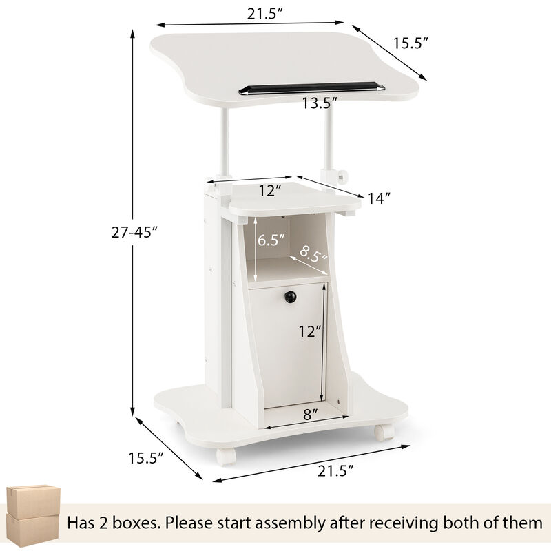 Adjustable Mobile Standing Desk Cart with Tilt Desktop and Cabinet