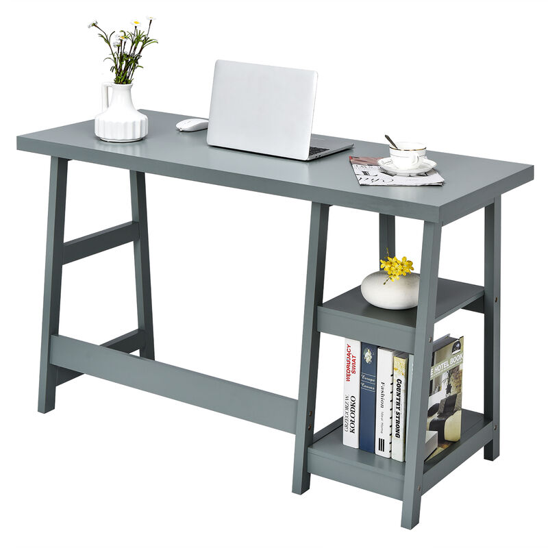 Costway Trestle Computer Desk Indoor Office Workstation w/Removable Shelf Grey