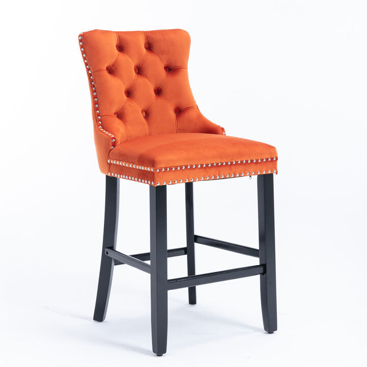 Contemporary Velvet Upholstered Bar Stools with Button Tufted Decoration and Wooden Legs, and Chrome Nailhead Trim, Leisure Style Bar Chairs, Bar stools, Set of 2 (Orange)