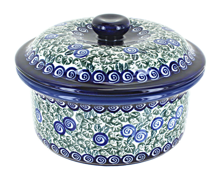 Blue Rose Polish Pottery Porcelain Vine Round Baker with Lid