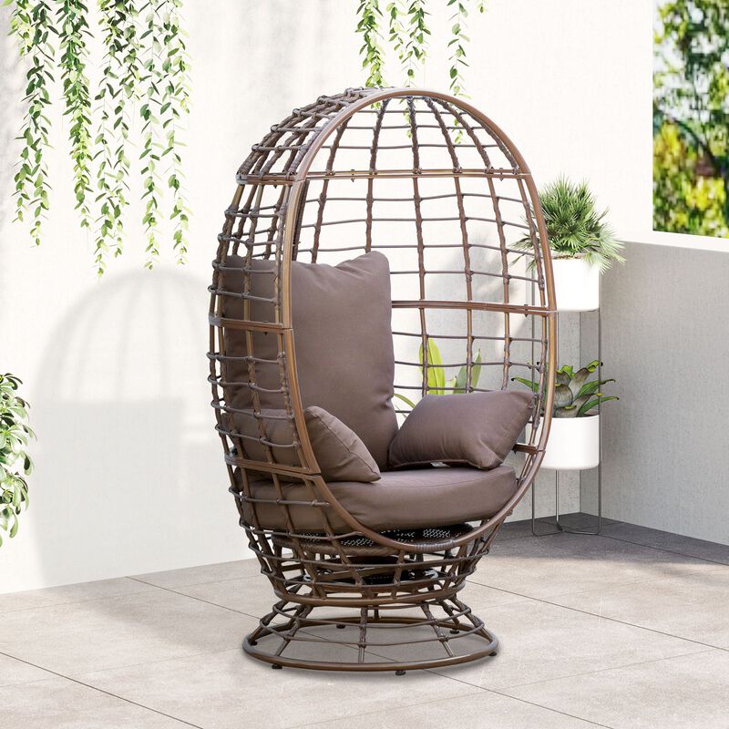 Boho Egg Chair: Brown Rotating Basket Seat, Indoor/Outdoor with Cushion and Pillows