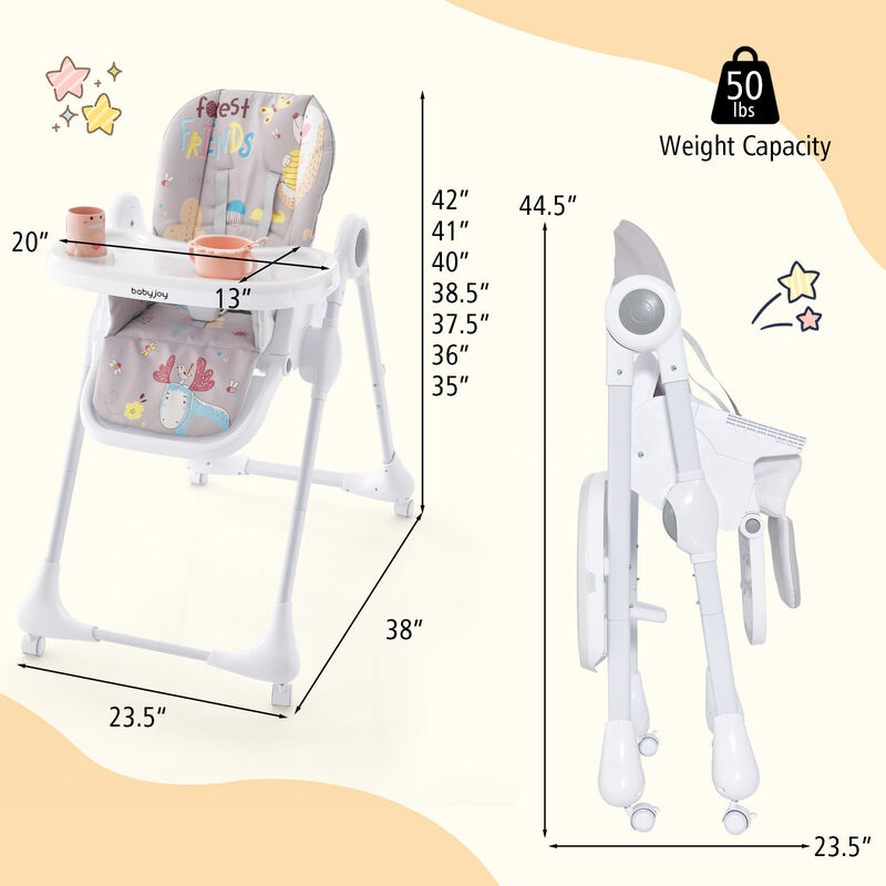 3-In-1 Convertible Highchair with Adjustable Height and 5-Point Safety Belt and Lockable Wheels