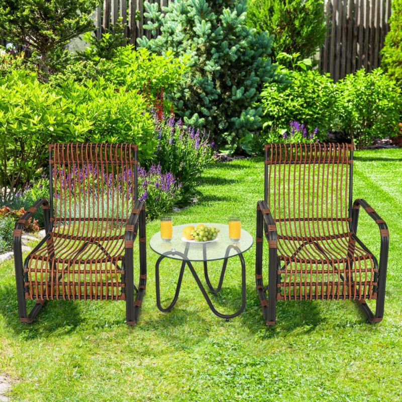 Hivvago 3 Pieces Patio Rattan Furniture Set with 2 Single Wicker Chairs and Glass Side Table