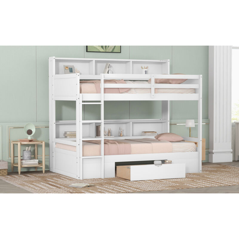 Twin Size Bunk Bed with Built-in Shelves Beside both Upper and Down Bed and Storage Drawer, White