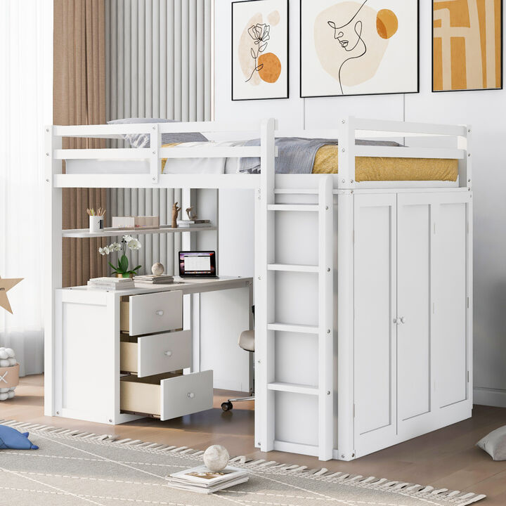 Full size Loft Bed with Drawers, Desk, and Wardrobe-White