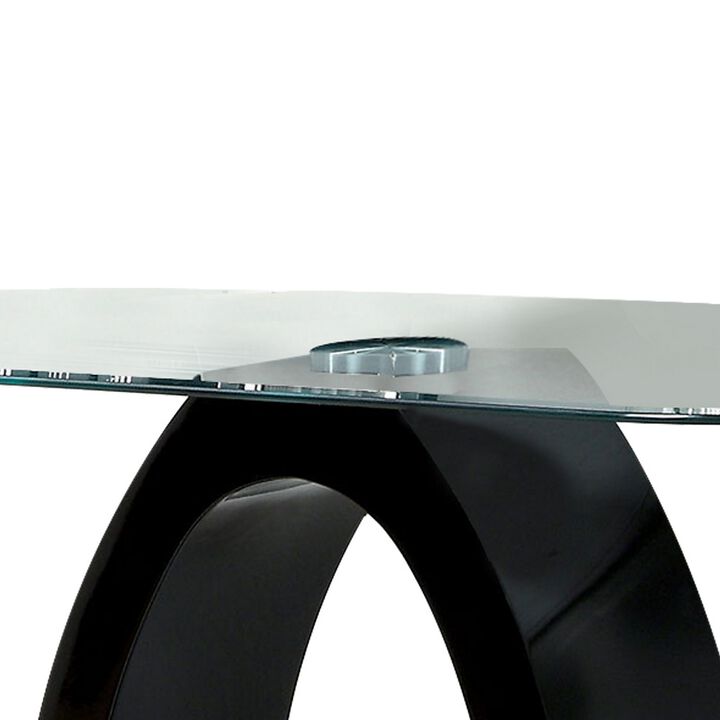 Contemporary Tempered Glass Top Sofa Table with O Shape Base, Black-Benzara