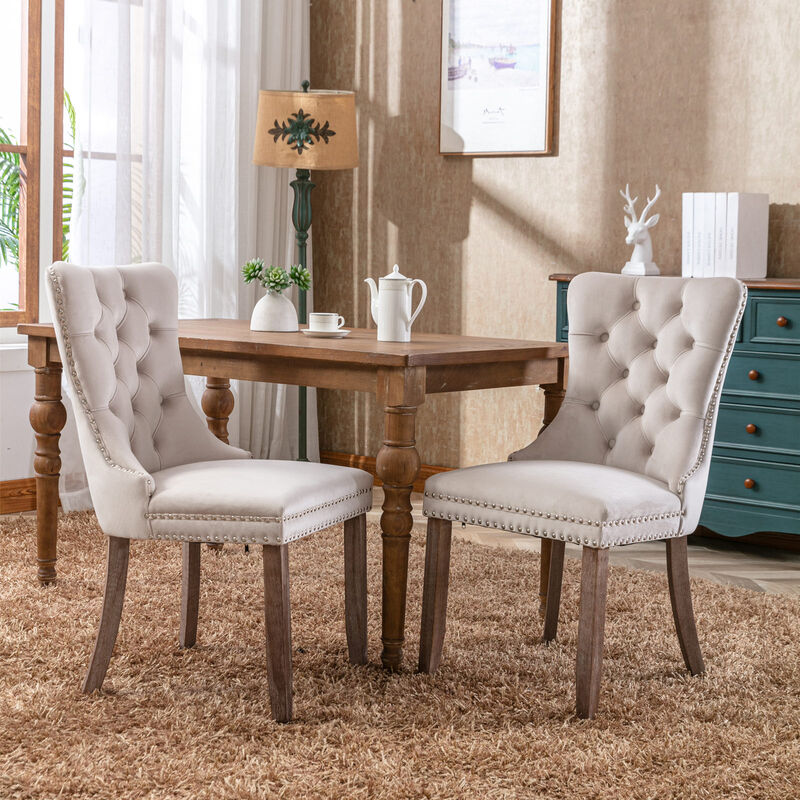 Modern, High-end Tufted Solid Wood Contemporary Velvet Upholstered Dining Chair with Wood Legs Nailhead Trim 2-Pcs Set,Beige, SW2001BG