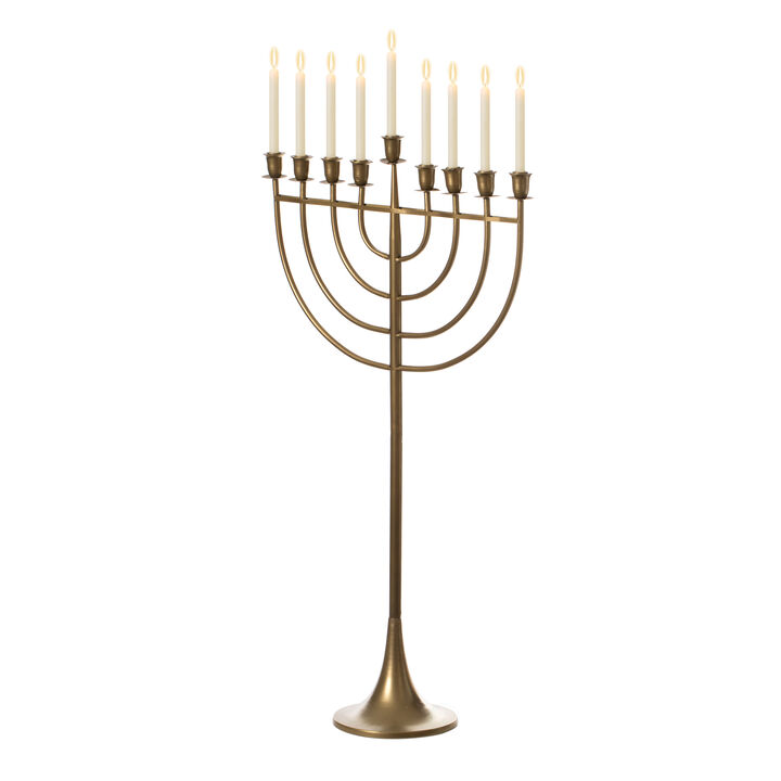 Modern Solid Metal Judaica Hanukkah Menorah 9 Branched Candelabra, Gold Finish Large