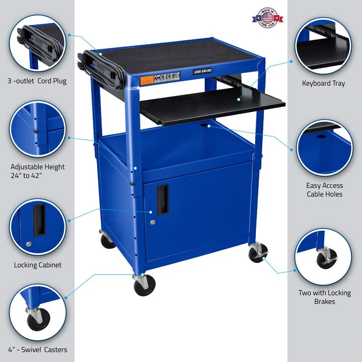 Luxor 42 Inch Mobile Adjustable-Height Multipurpose Steel Utility Storage Audio Video Cart with Locking Cabinet and Pullout Tray - Royal Blue