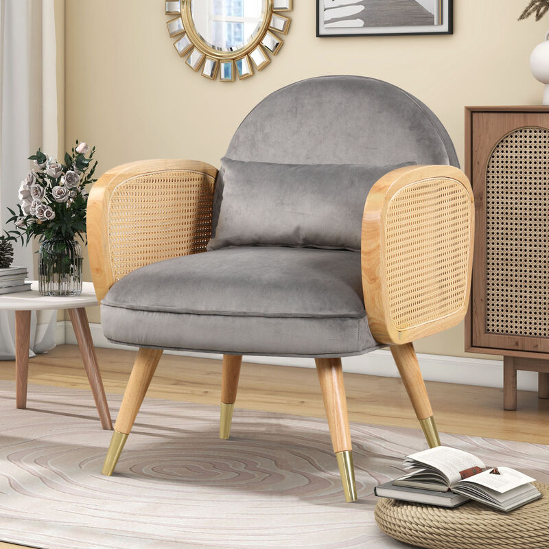 Armchair with Rattan Armrest and Metal Legs Upholstered Mid Century Modern Chairs for Living Room or Reading Room, Grey