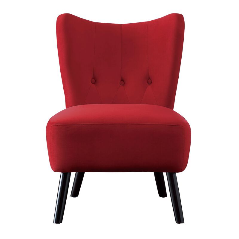 Unique Style Red Velvet Covering Accent Chair Button-Tufted Back Brown Finish Wood Legs Modern