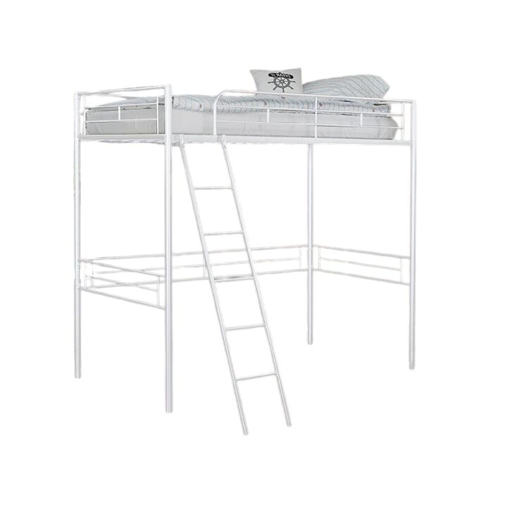 Mylz Twin Loft Bed, 61 Inch, White Metal Frame, Attached Angled Ladder