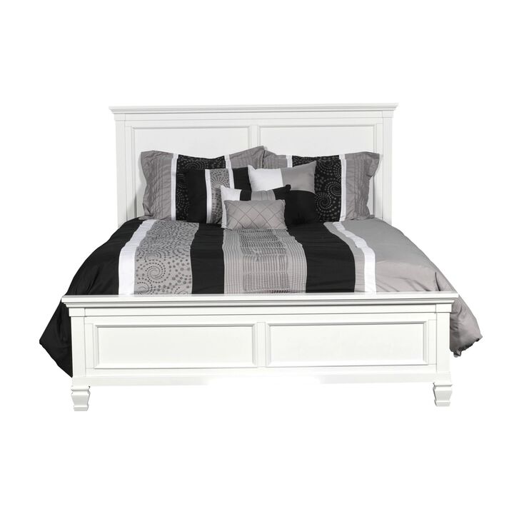 Umi Queen Size Bed, Classic Panel Design with Molded Details, White Wood - Benzara