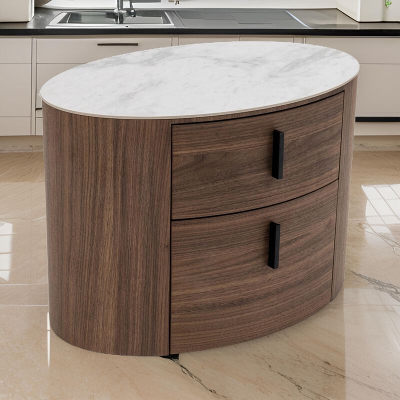 Cid Anay 27 Inch Nightstand, Oval Faux White Marble Top, Walnut Veneer-Benzara