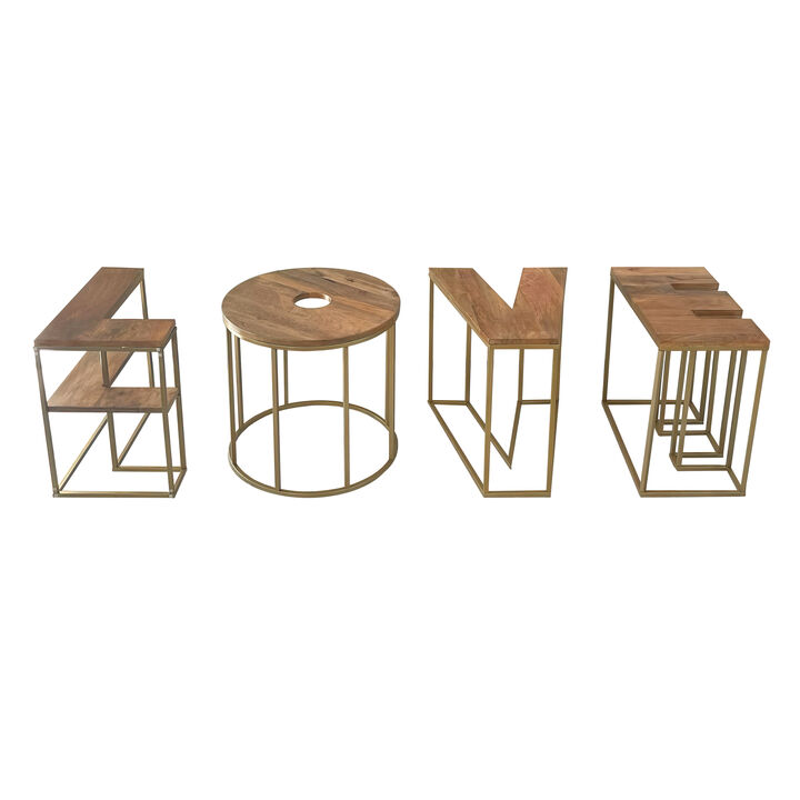 LOVE Alphabet Design 4pc Coffee Table Set, Brown Mango Wood Top, Antique Brass Base-Benzara
