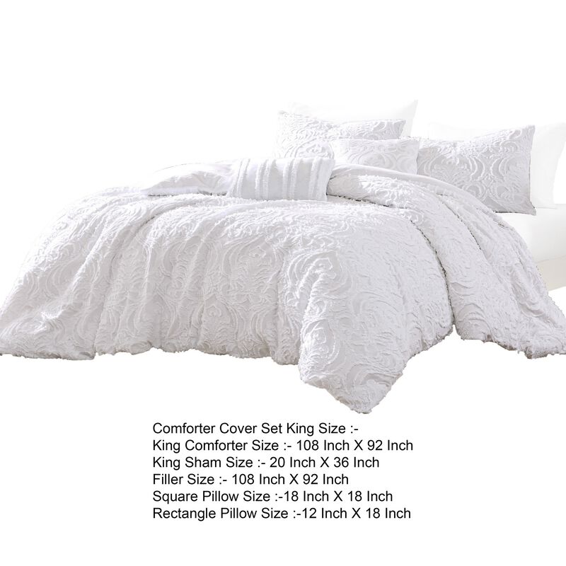 Kile Modern 6 Piece King Size Duvet Comforter Set, White Medallion Pattern - Benzara