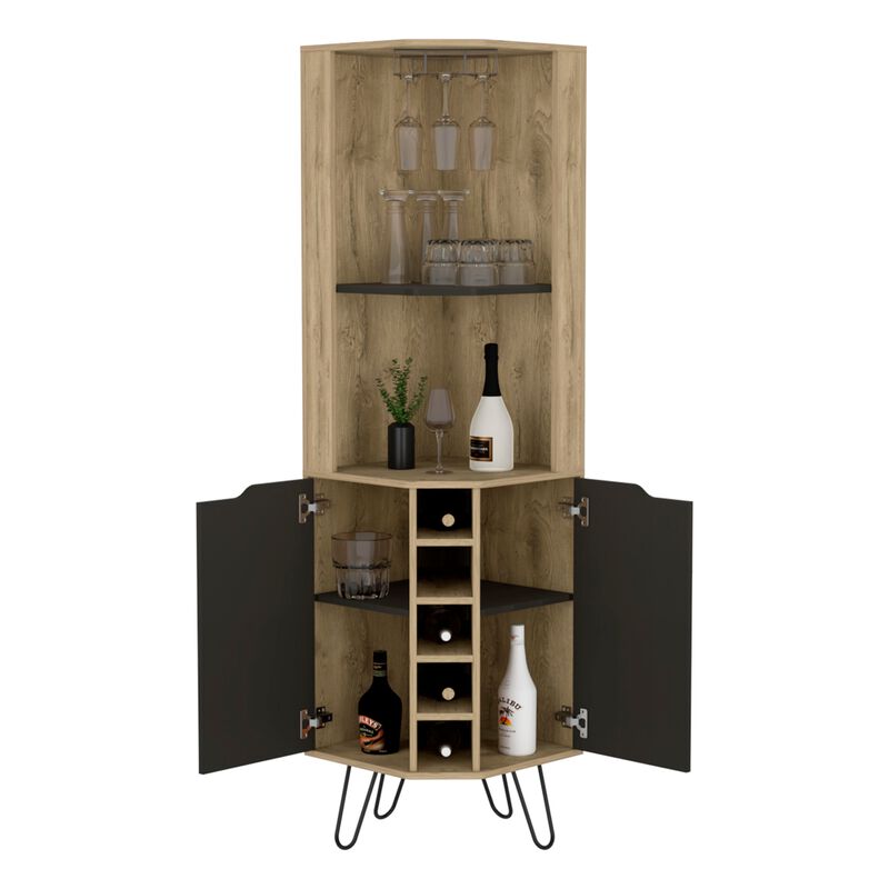 Audra Corner Bar Cabinet Six Built-in Wine Rack, Two Shelves, Four Shelves With Door -Macadamia / Black