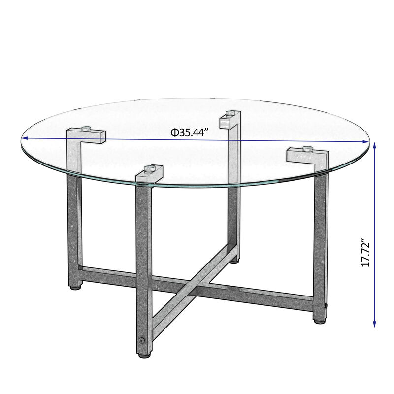 Round Transparent Glass+Black Leg Coffee Table, Clear Coffee Table，Modern Side Center Tables for Living Room， Living Room Furniture