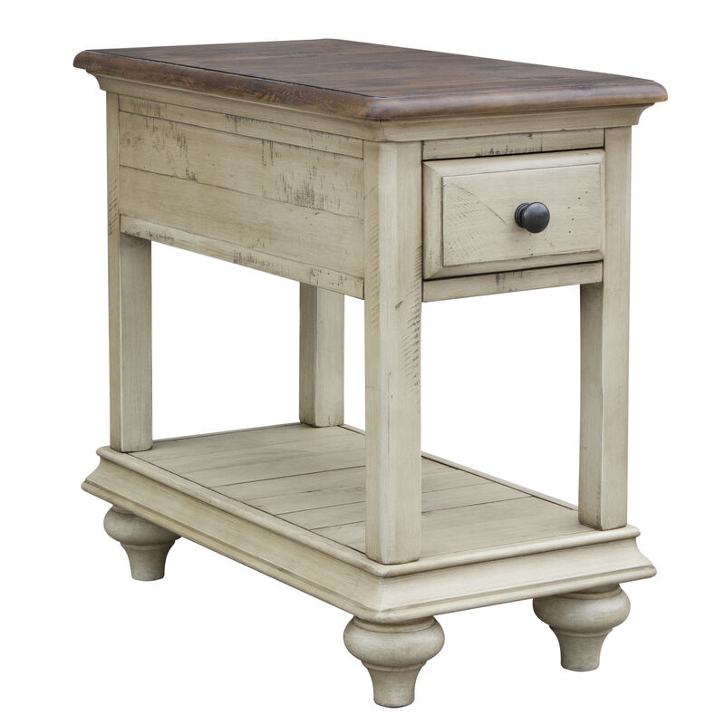 Shades of Sand 14 in. Cream Puff and Walnut Brown Rectangular Solid Wood End Table with 1 Drawer