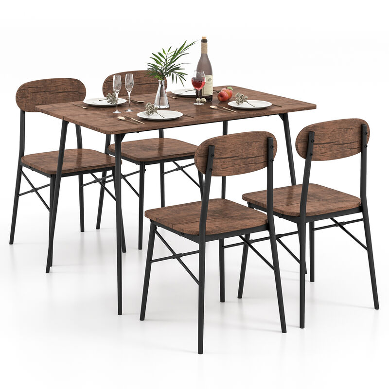 5 Piece Dining Table Set Rectangular with Backrest and Metal Legs for Breakfast Nook-Rustic Brown