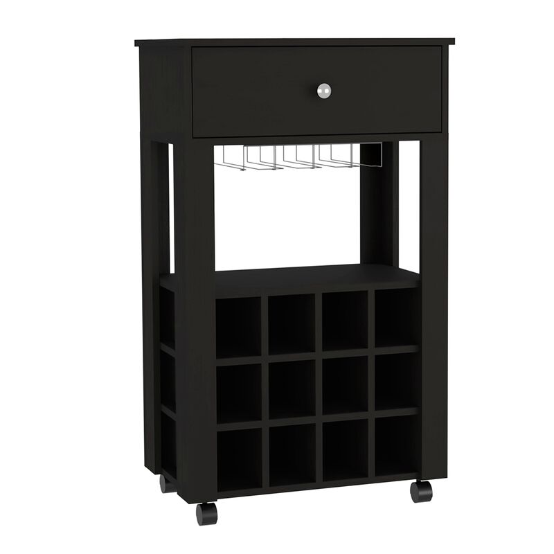 Memphis Bar Cart, Twelve Built-in Wine Rack, Casters, Drawer -Black