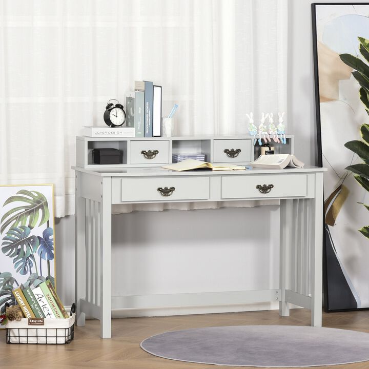 Grey Study Writing Desk: Computer Table Workstation with Removable Shelf, 2 Drawers, Wide Tabletop for Study, Office, Dorm