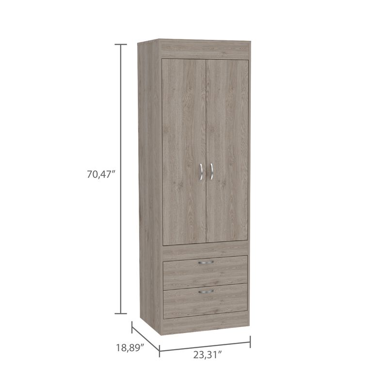 DEPOT E-SHOP Portugal Armoire, Double Door Cabinet, Two Drawers, Metal Handles, Rod, Light Gray