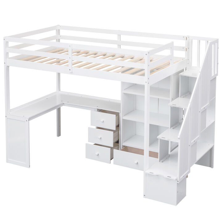Merax Loft Bed with L-Shaped Desk and Drawers